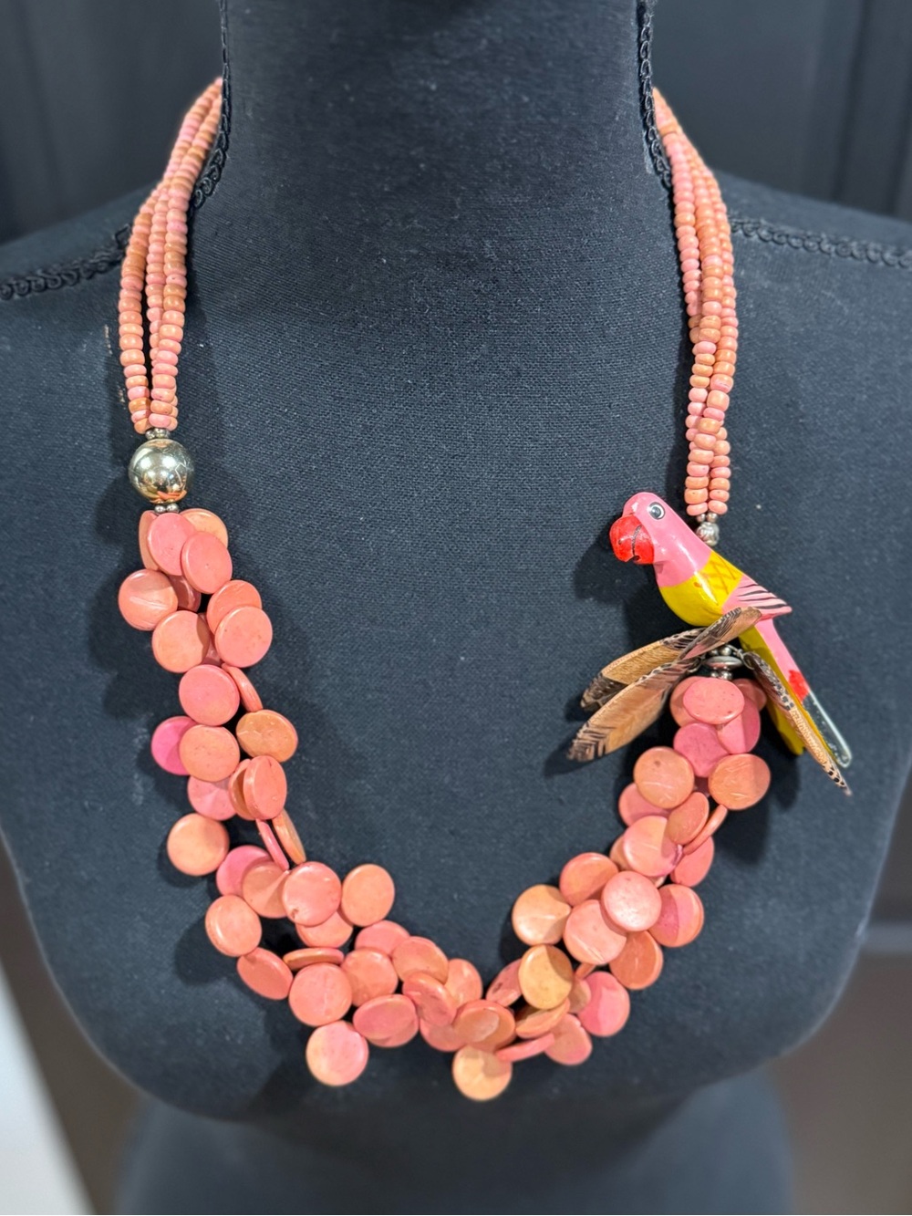 Vintage Necklace, Tropical Style, Wood Beaded With Parrot.